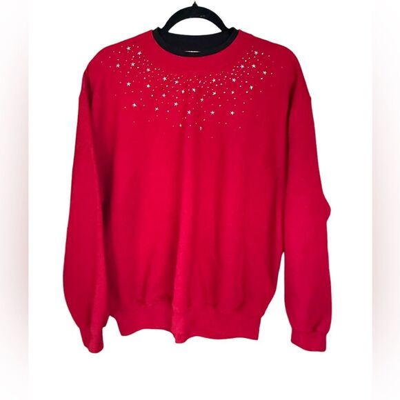 VTG 90s Top Stitch embellished red crewneck sweatshirt w sequins. Beautiful. 1X - Picture 1 of 7